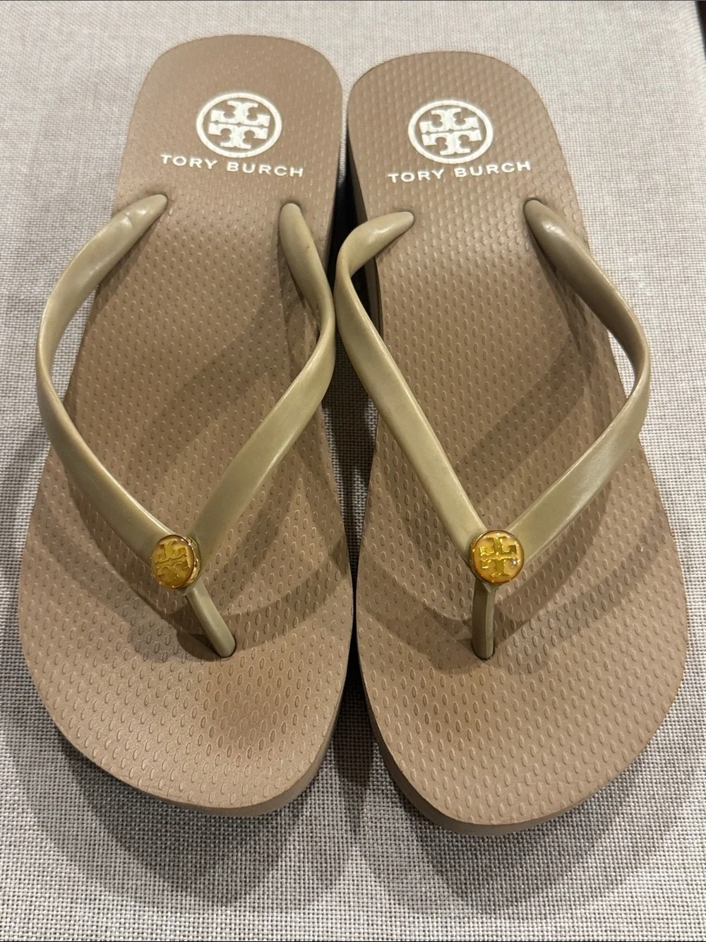 Tory Burch Taupe and Gold Logo Flip Flop Mini Wedge Sandals Size 7